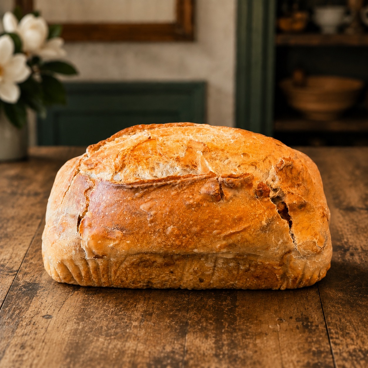 Golden Apple Cinnamon Sourdough loaf on a farmhouse bakery table