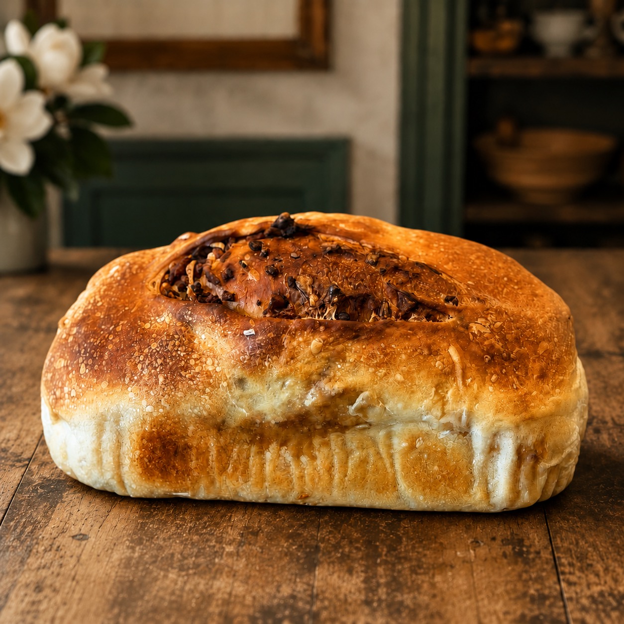 Golden Bacon Cheddar Sourdough loaf on a farmhouse bakery table
