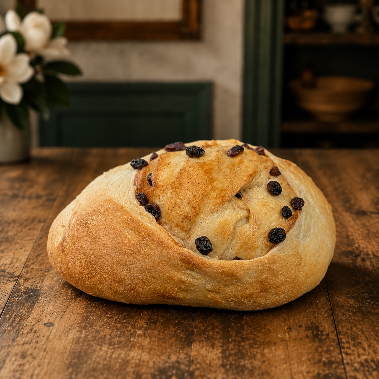 Golden Cinnamon Raisin Sourdough loaf on a farmhouse bakery table