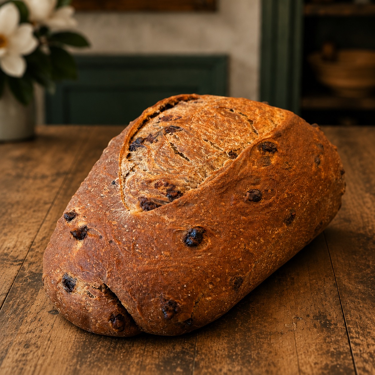 Double Chocolate Chip Sourdough loaf on a farmhouse bakery table