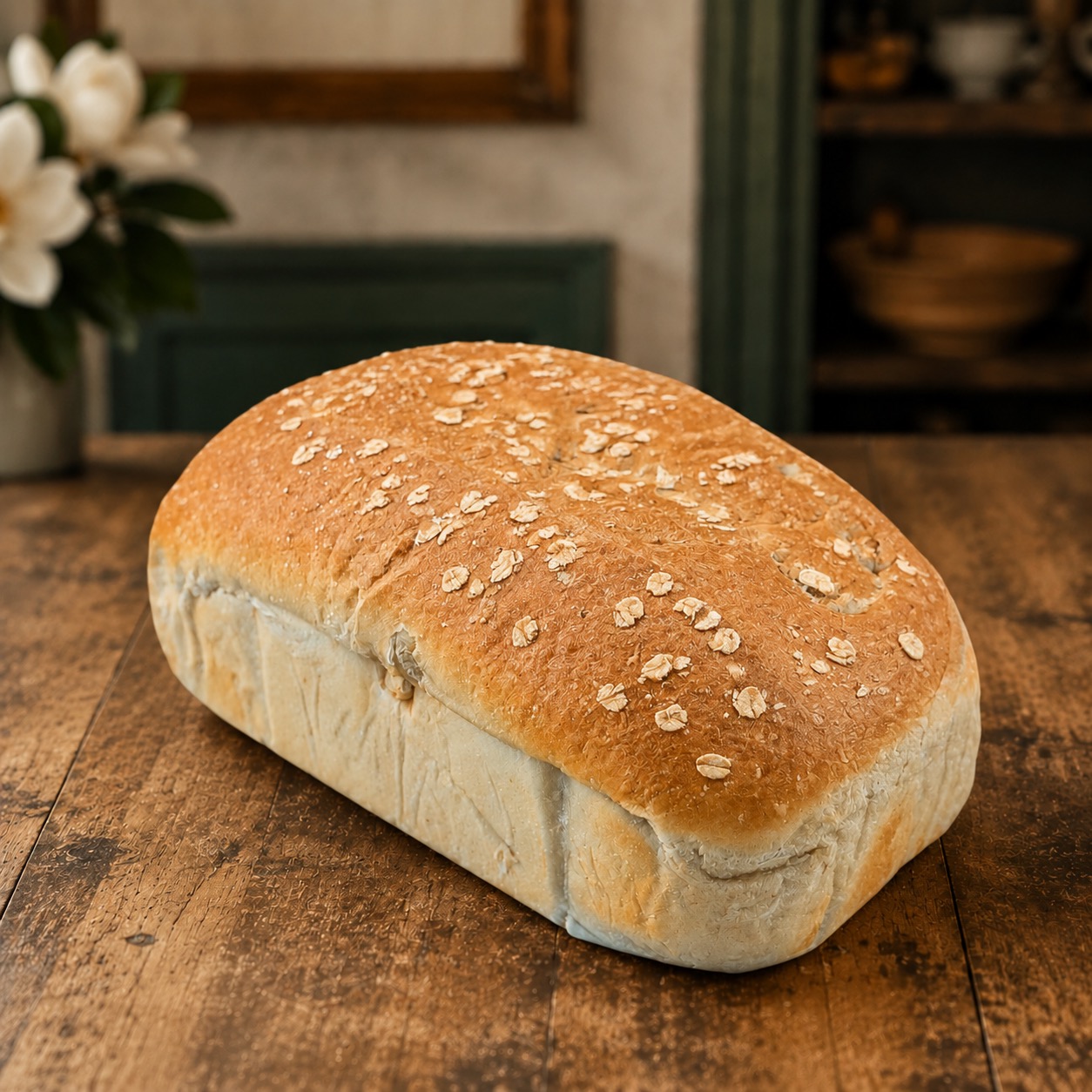 Golden Honey Oat Sourdough loaf topped with rolled oats on a farmhouse bakery table