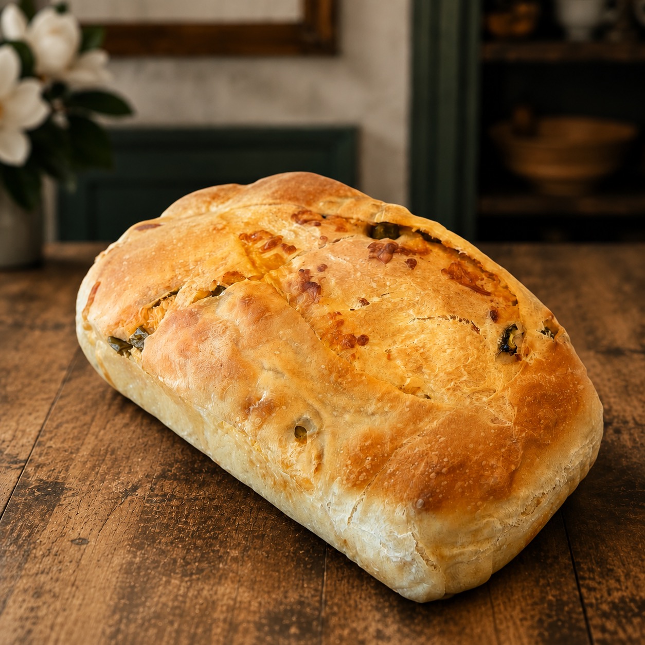 Golden Cheddar Jalapeño Sourdough loaf on a farmhouse bakery table