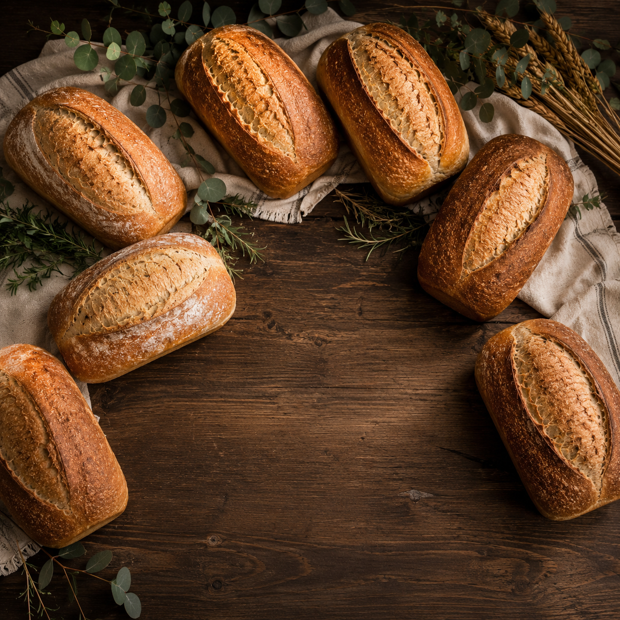 A collection of golden rustic sourdough loaves arranged on a warm farmhouse table