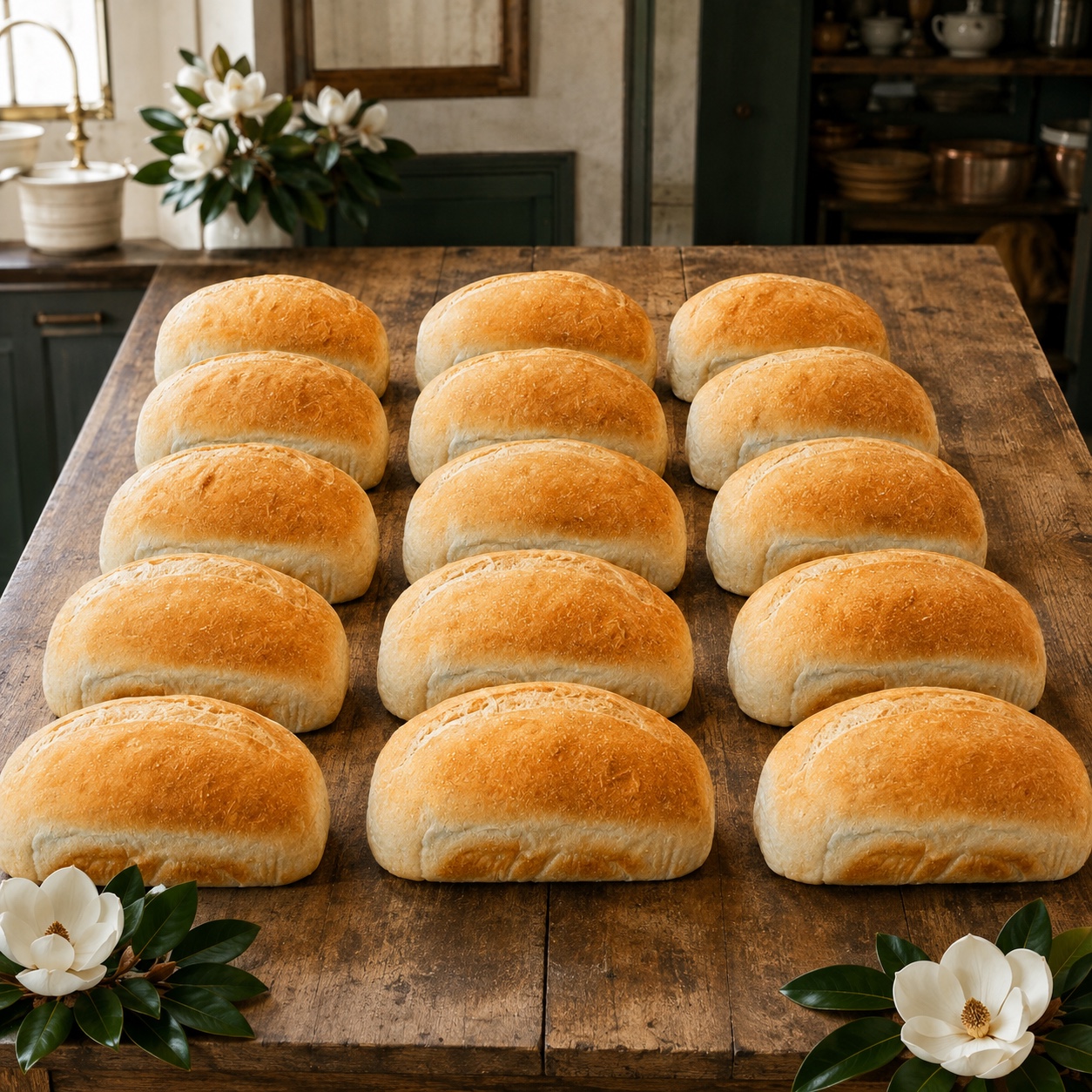 Fifteen golden sandwich sourdough loaves arranged on a farmhouse bakery table