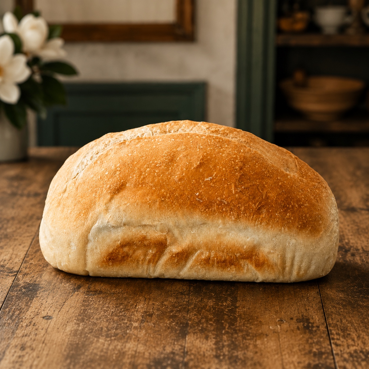 One golden sandwich sourdough loaf on a farmhouse table
